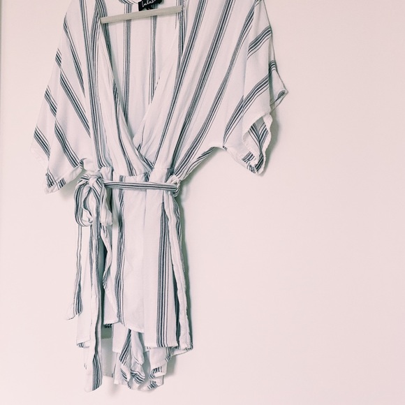 Lulu’s White Striped Short Sleeve V-Neck Romper - Picture 3 of 15